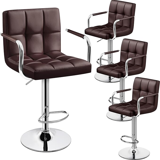 Yaheetech Bart Stools Set of 4, PU Leather Adjustable Barstools with Armrest, Counter Height Stool Chairs with Thickened Seat Cushion for Kitchen Island, Brown