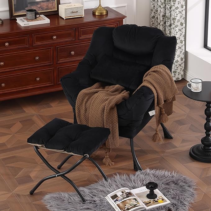 Lazy Chair with Ottoman, Modern Accent Chair with Lumbar Pillow, Comfy Chairs with Folding Footrest for Bedroom, Reading, Oversized Supportive Lounge Chairs(Velvet Black)