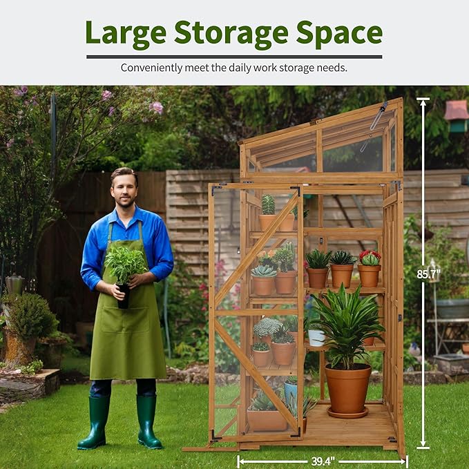 Macrout Wooden Walk-in Greenhouse with Acrylic Panels, Large Greenhouse for Outdoors with Openable Roof Vents with Lockable Door, G727