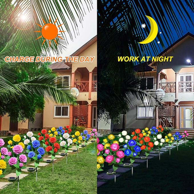 Solar Flower Lights Outdoor - Upgraded New Material Two Modes Realistic LED Solar Powered Waterproof Lights with 5 Roses, Solar Flower Decorativ for Garden (Blue, 1 Pack)