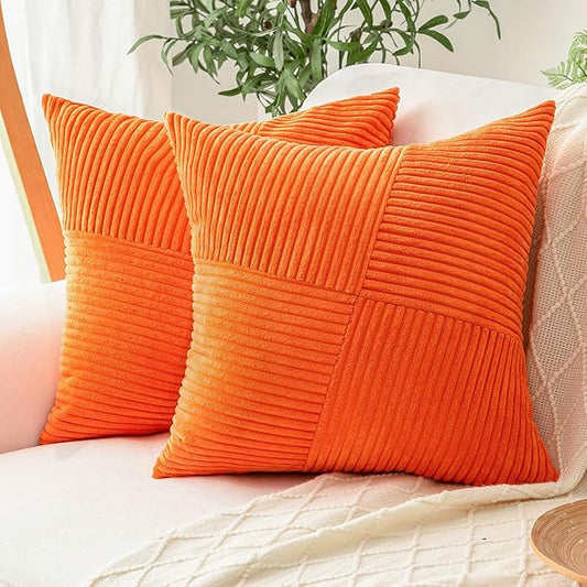 Decorative Throw Pillow Covers 18x18 Inch Set of 2 for Boho Living Room Farmhouse Home Decor, Spring Pillow Covers for Couch Bed, Soft Corduroy Striped Patchwork Cushion Cases, Orange
