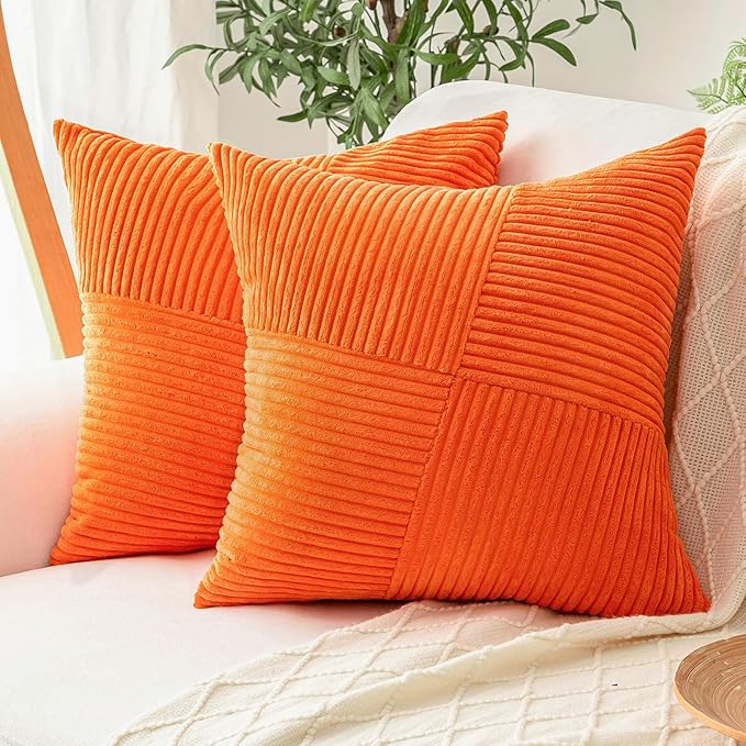Decorative Throw Pillow Covers 20x20 Inch Set of 2 for Boho Living Room Farmhouse Home Decor, Spring Pillow Covers for Couch Bed, Soft Corduroy Striped Patchwork Cushion Cases, Orange