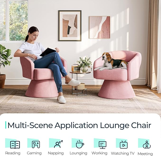 LINSY Swivel Accent Chair, Small Barrel Chair 360 Swivel Modern Armchair, Upholstered Reading Chair for Small Spaces Living Room, Vanity Chair for Bedroom, Pink