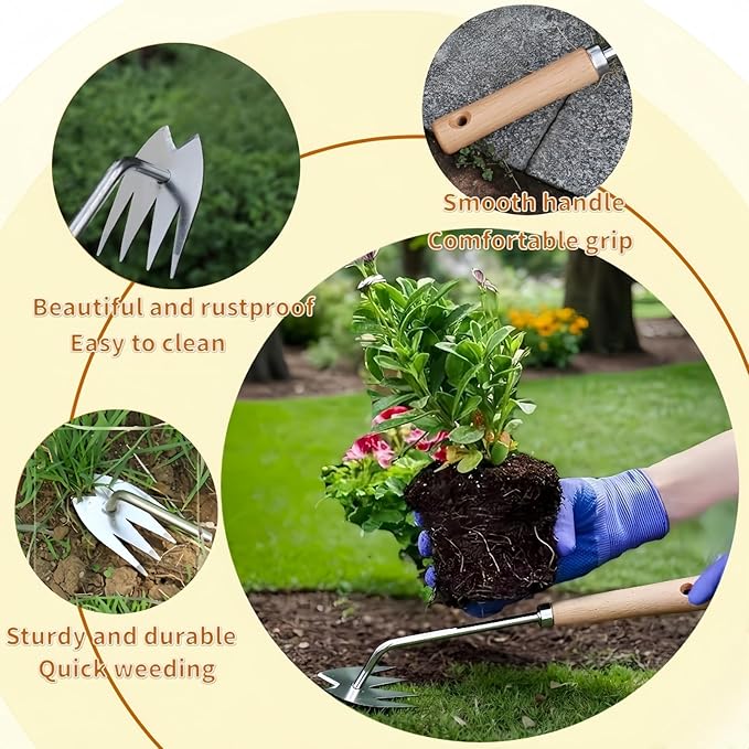 Weed Puller Tool,Portable Garden Weeder Tool,2025 New Gardening Weeding Tools, Hand Weeder Tool with Handle, 4 - Tooth Manganese Steel for Gardening Backyard Farm