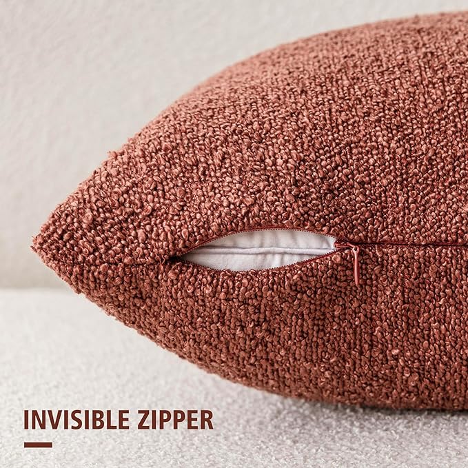 Foindtower Pack of 2 Textured Boucle Throw Pillow Covers Accent Solid Pillow Cases Cozy Soft Decorative Couch Cushion Case for Chair Sofa Bedroom Living Room Home Decor 18x18 Inch Orange Rust Red