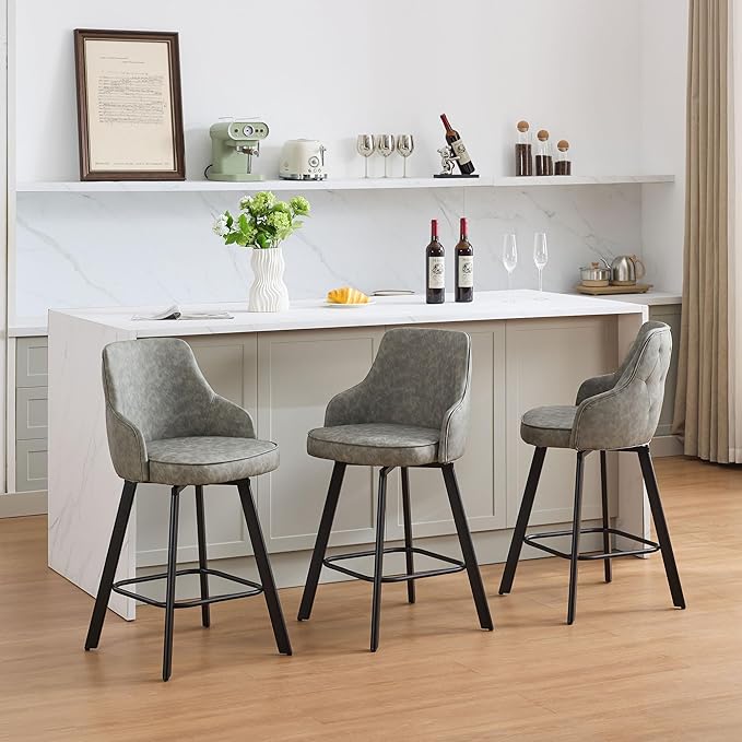 Bar Stools Set of 3, 26" Swivel Counter Height Bar stools with High Back, Faux Leather Kitchen Barstools Counter Height for Kitchen Island (Light Grey, 3PCS 26" Counter Stools)