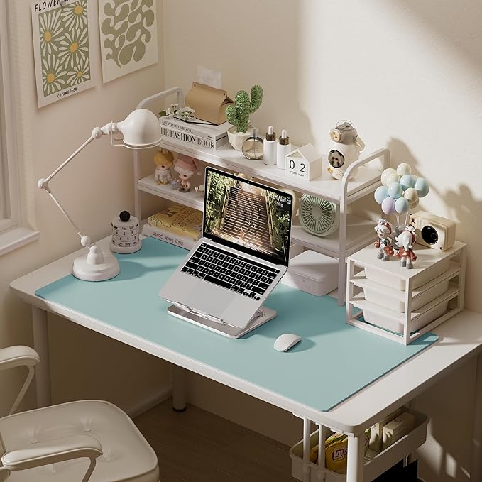 Aothia Faux Leather Desk Mat – Large Mouse Pad, Non-Slip PU Leather Blotter, Waterproof Writing Surface for Office and Home (Light Blue, 47.2" x 23.6")