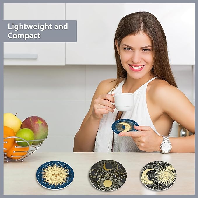 Drink Coasters Set of 6 with Holder,Gold Sun Moon Clouds Stars Absorbent Ceramic Coasters with Cork Base,Fit All Cups,Tabletop Protection Mat for Mugs and Cups,Office,Kitchen