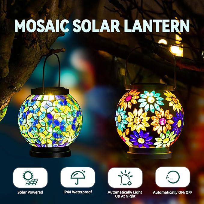 VOREEN 2 Pack Mosaic Solar Lanterns, Handmade Outdoor Glass Hanging Lights, Solar Table Lamps, Waterproof Night Lights, Gift for Mom Wife Friend, Decor for Garden, Patio, Yard, Party, Balcony, Round