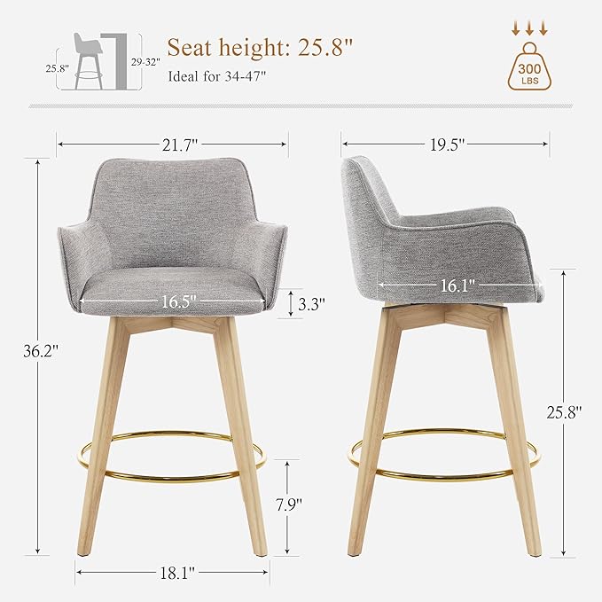 Counter Height Swivel Counter Stools, Linen Upholstered Bar Stools with Back, Arms, Solid Wooden Legs, 26 Inch Chairs for Kitchen Island, Home Pub, Bar, 1 Pcs, Grey