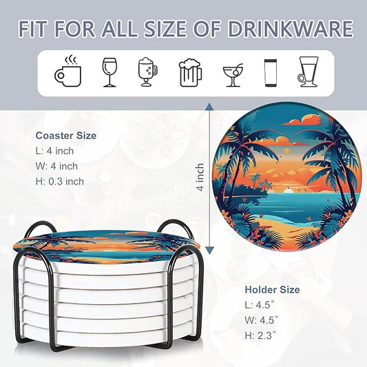 Drink Coasters Set of 6 with Holder, Palm Trees Beach Sunset Absorbent Ceramic Drink Coaster for Tabletop Protection,Suitable for Kinds of Cups,Drinks Coasters for Home Office Decoration(4 Inches)