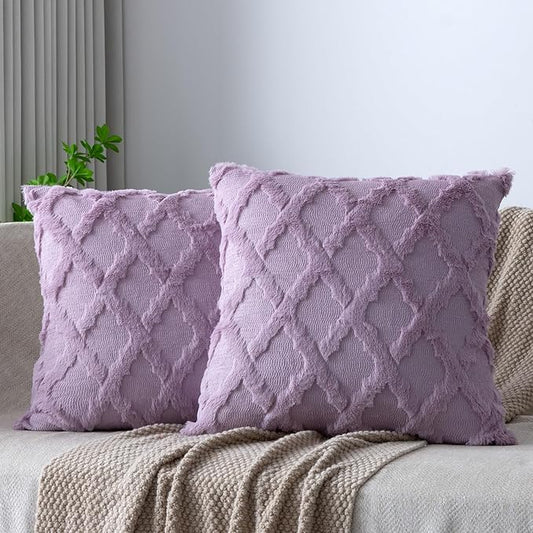 Set of 2 Soft Moroccan Throw Pillow Covers 24x24 Inch Plush Boho Decorative Pillow Cover Accent Cushion Case for Couch Sofa Bed, Purple