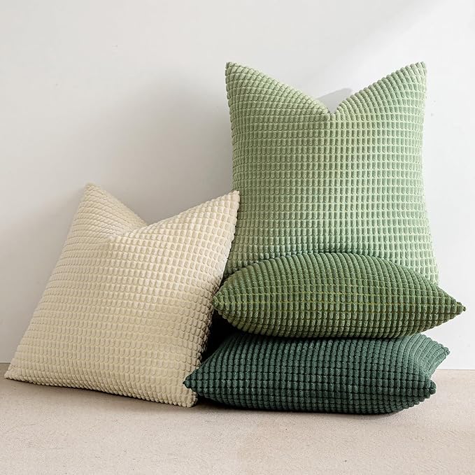 MIULEE Natural Green Pillow Covers 18x18 Inch Set of 4 Modern Nordic Neutral Throw Pillows Forest Inspired Soft Corduroy Summer Couch Pillowcases Home Decor for Sofa Living Room Bed