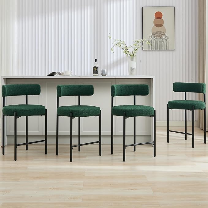 24'' Boucle Bar Stools Set of 4, Green Bar Stools with Backs, Counter Height Bar Height Stools for Kitchen Island, Upholstered Bar Chairs (Green)