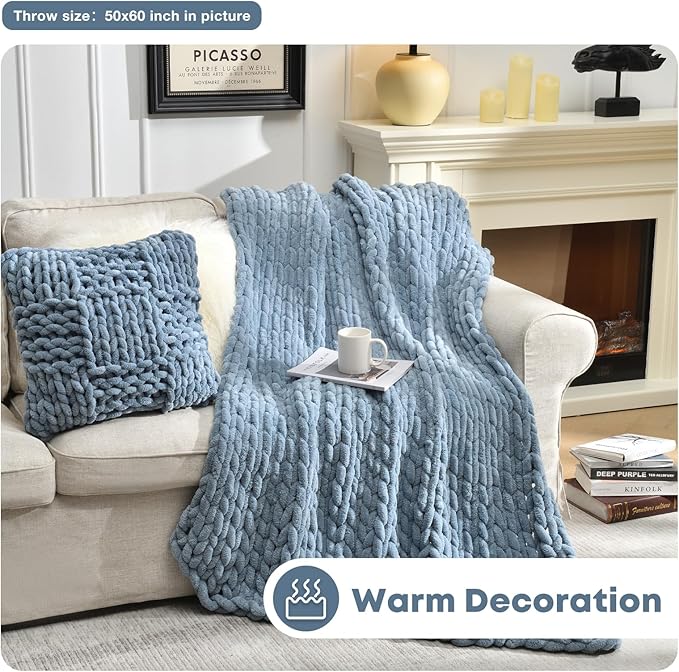 Soft Chunky Knit Blanket, 40X50 Inch Handmade Thick Chenille Yarn Throw Without Shedding & Raveling, Aesthetic & Cozy Home Decor with Couch Sofa Bed, Gift Pack, Airy Blue