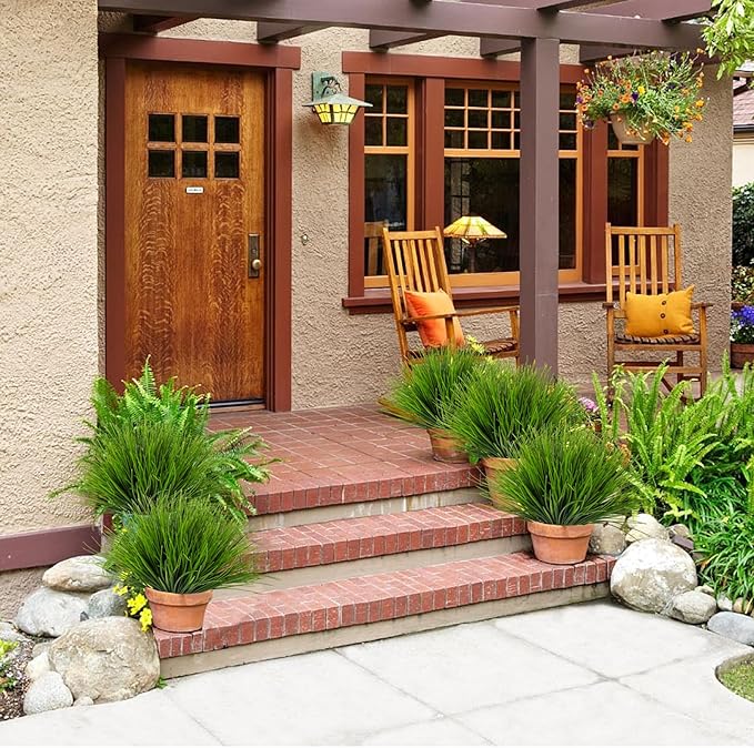 RECUTMS 12 Bundles Artificial Grasses Outdoor Plants Fake Wheat Grass Greenery Shrubs UV Resistant for Planters Wedding Indoor Outside Garden Porch Bathroom Home Office Window Box Decor(Green)