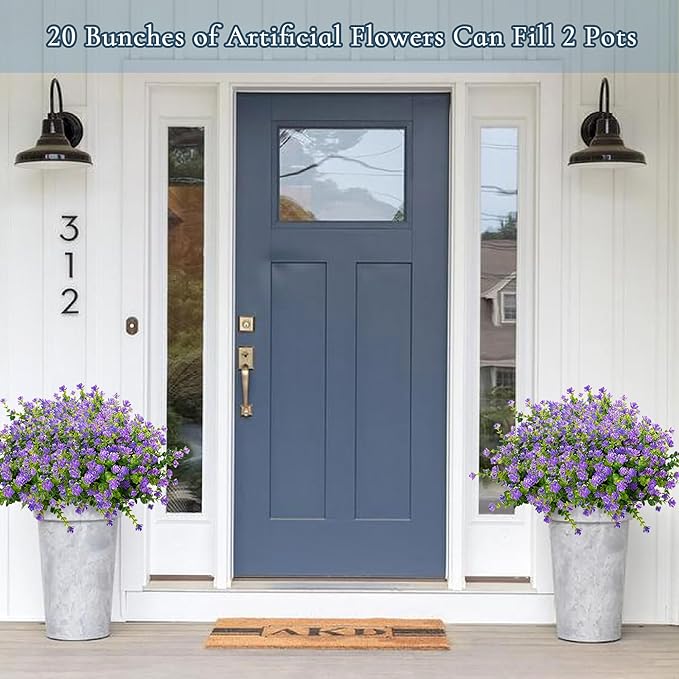Outdoor Artificial Flowers UV Resistant, 20 Bundles Fake Realistic Floral Greenery Plants for Outside Porch, Window Boxes, Garden, Yard, Inside Home Table Decor, Purple