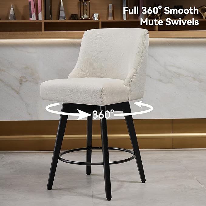 Vipbear Counter Height Bar Stools Set of 3, 26" H Swivel Bar Stools with Backs, Linen Fabric Upholstered Bar Chairs with Solid Wood Legs for Kitchen Island, Dining Room, Home Bar, White