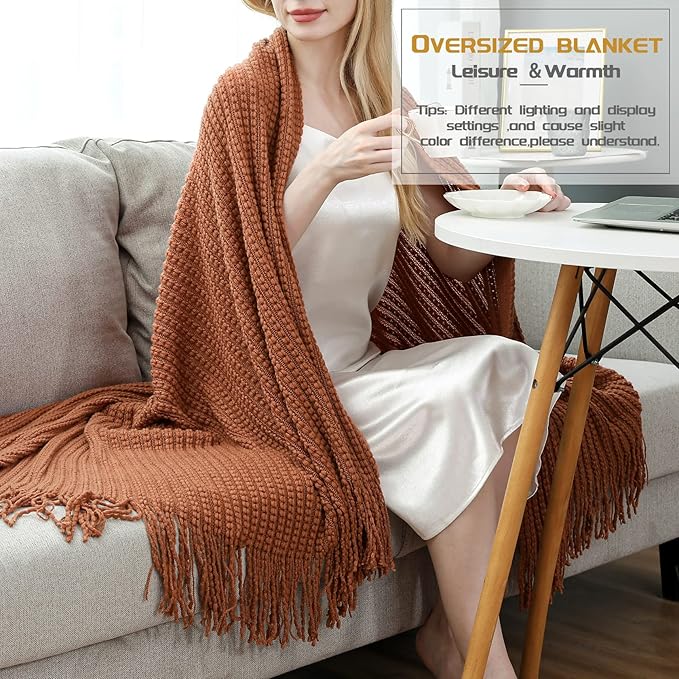 Blagic Knitted Throw Blanket for Couch,Soft Farmhouse Boho Fall Throw Blanket with Tassels,Home Decorative Lightweight Throw Blankets, Orange Rust Throws for Bed/Chair/Sofa, 50" W x 60" L