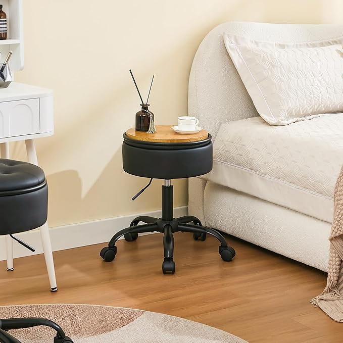 Rolling Stool, Adjustable Height Leather Esthetician Stool Thick Seat Cushion 20.67"-24.61", Black Vanity Chair with Storage