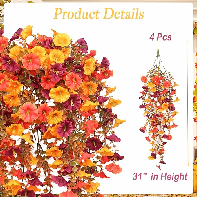Artificial Mums for Outdoors, 4 pcs Fall Faux Flowers for Outdoor Planters, Fake Mums with Eucalyptus Leaves for Yard Patio Lawn Garden, Fall Porch Decor, Autumn Morning Glory Silk Flowers