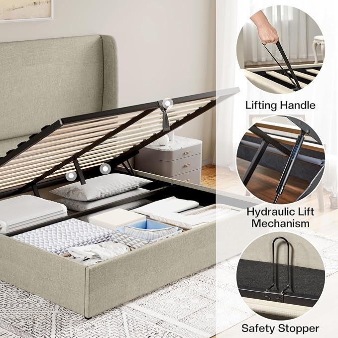 Jocisland Queen Size Bed Frame Lift Up Storage Bed Linen Upholstered Bed Frame with Hydraulic Storage/Wingback Headboard/No Box Spring Needed/Khaki