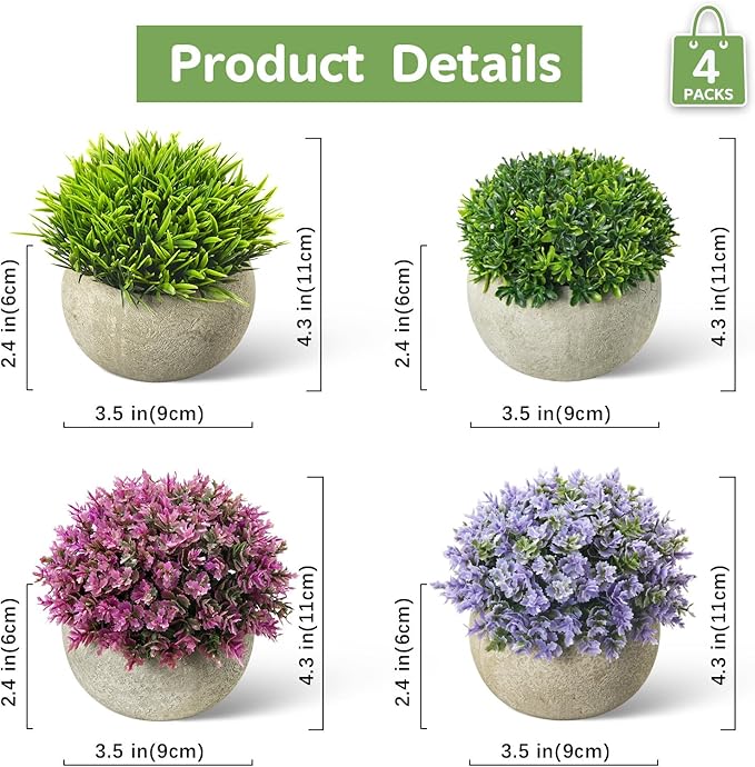 Mini Artificial Plants in Pots, Set of 4 Small Fake Plants for Home Decor Indoor, Realistic Greenery Faux Potted Plant for Office Desk, Bathroom, Shelf, or Table Decoration