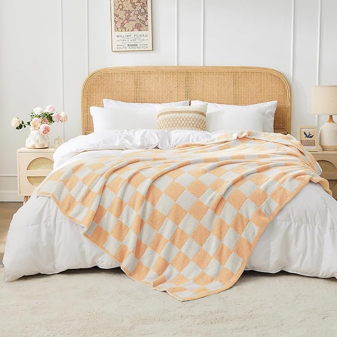 JOOJA Soft Cozy Checkerboard Peach Blanket Fluffy Knit Throw for Couch Plaid Checkered Blanket Peach 50x60 in