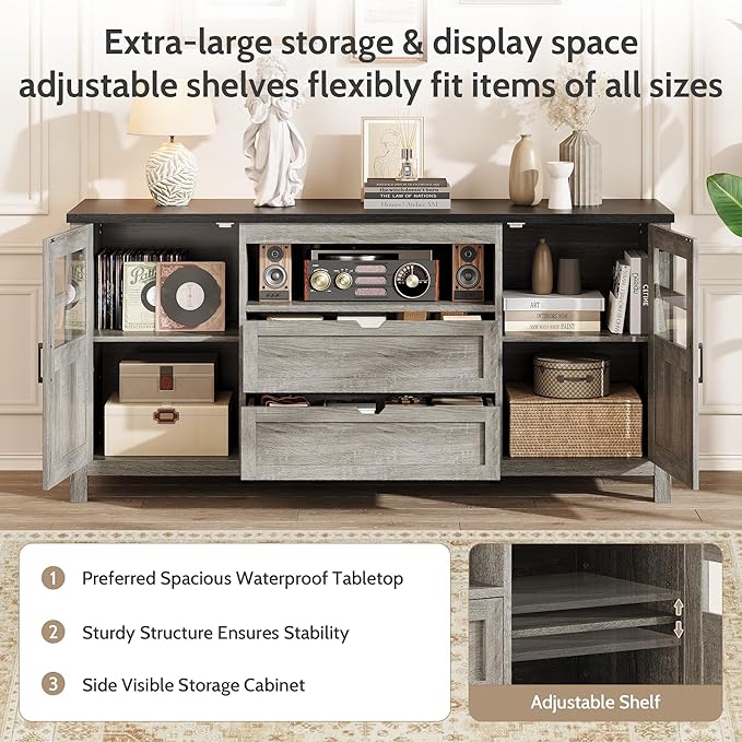 Farmhouse TV Stand for 65 Inch TVs, Entertainment Center with Adjustable Shelves, 2 Barn Doors and Drawers, Storage Media Cabinet for Living Room or Bedroom - Grey