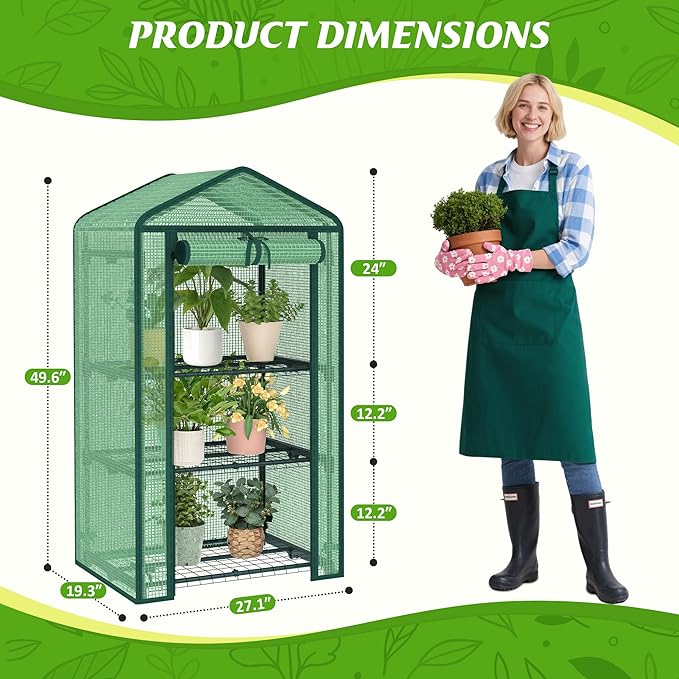 3-Tier Greenhouse for Indoor and Outdoor Use, 4ft Tall Portable Mini Green House with Shelves, Zipper Door & PE Cover, for Seed Starting, Plants, Herbs, Balcony, Patio Gardening