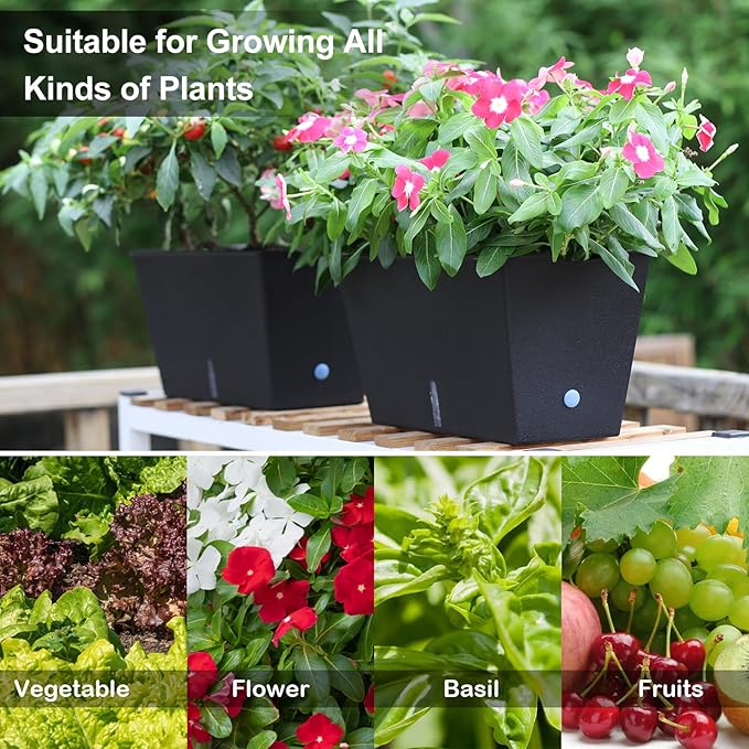 Window Box Planter 6 Pcs, 12.1 Inches Self Watering Plant Pots Rectangle Flower Pots with Drainage Holes and Breathable Trays, Vegetable Planters for Windowsill Patio Garden Balcony Porch Yard (Black)