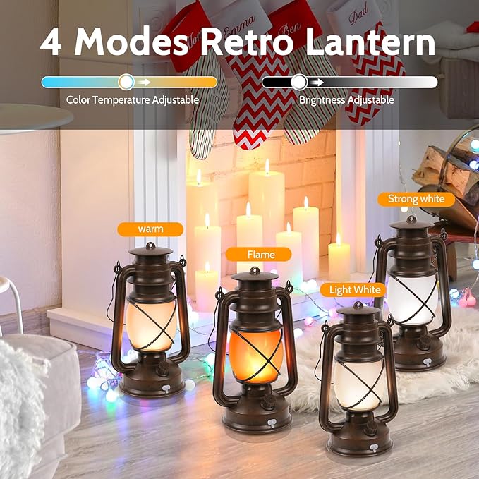 2 Pack Vintage Lantern Flickering Flame Rechargeable LED Retro Camping Lights 4 Modes Remote Control Battery Powered Outdoor Lamp Hanging Lanterns
