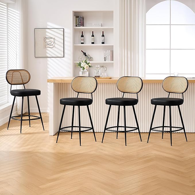 BFZ Counter Height Bar Stools Set of 4, 26" Seat Height Barstools with Rattan Back and Metal Legs, Upholstered Faux Leather Bar Chairs for Kitchen Island, Home Bar, Beige