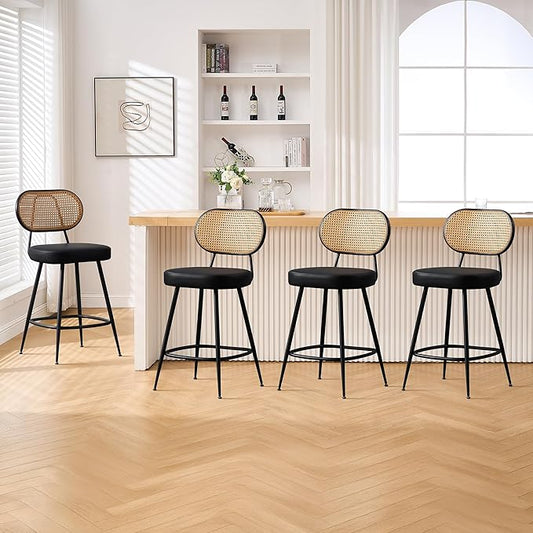 BFZ Counter Height Bar Stools Set of 4, 26" Seat Height Barstools with Rattan Back and Metal Legs, Upholstered Faux Leather Bar Chairs for Kitchen Island, Home Bar, Beige