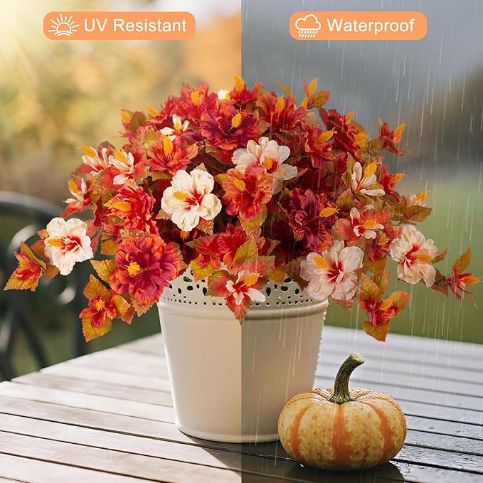 Fake Fall Flowers Artificial for Outdoors Decoration 2PCS Faux Orange Flowers for Outdoor Planters Outside Hibiscus Flower Fall Décor for Home Front Porch Yard Patio