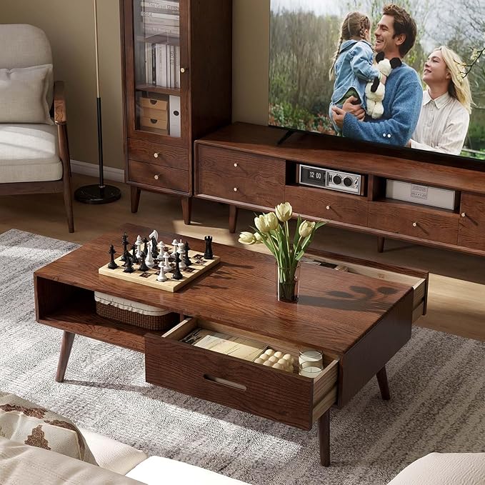 100% Solid Wood Coffee Table for Living Room, 47.24" W Oak Coffee Table with Storage Shelf and 2 Drawers, Mid-Century Modern Coffee Tables for Home (Oak Walnut Colour)