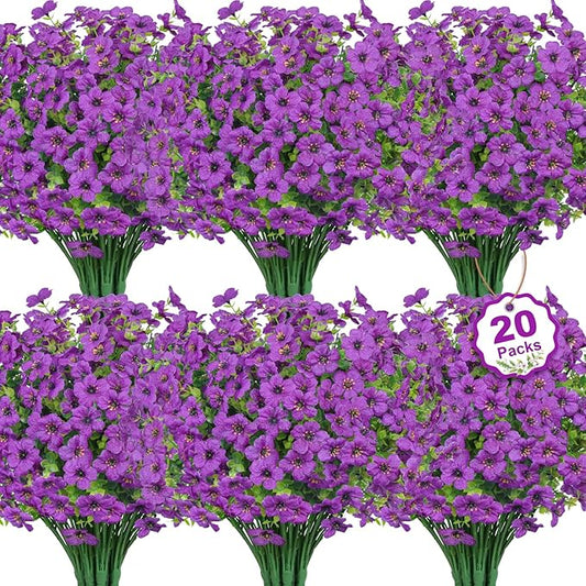 20 Bundles Artificial Flowers for Outdoors Decoration Fake Silk Flowers UV Resistant Faux Plants Artificial Daisy Eucalyptus for Spring Summer Garden Yard Porch Window Home Decor, Purple
