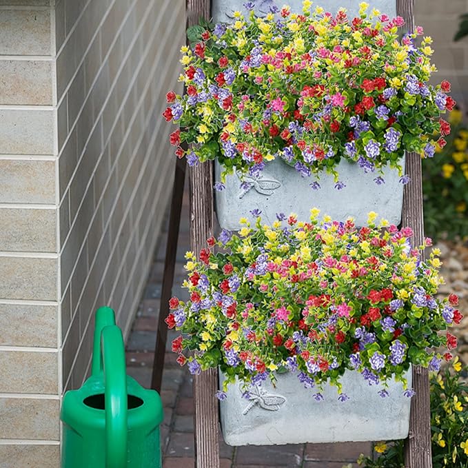 Outdoor Artificial Flowers UV Resistant, 20 Bundles Fake Realistic Floral Greenery Plants for Outside Porch, Window Boxes, Garden, Yard, Inside Home Table Decor, MixColorB