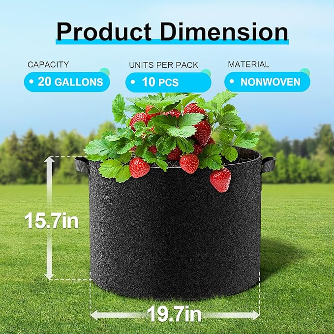 Land Guard 10-Pack Fabric Grow Bags 20 Gallon, Thickened Nonwoven Garden Pots, Growing Bags with Handles, Black