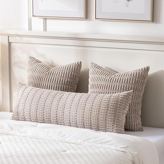 Fancy Homi 2 Packs Taupe Long Lumbar Decorative Throw Pillow Covers 14x36 Inch for Bed Couch Bed Sofa, Rustic Farmhouse Boho Room Decor, Soft Striped Corduroy Rectangle Cushion Case 35x91 cm