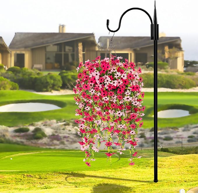 Fake Artificial Hanging Flowers for Outdoors Fake Plants Decoration, 2 Bundles Faux Silk Colorful Daisy Eucalyptus Realistic UV Resistant for Outside Home Planter Porch Patio Yard Decor(Rose Pink)