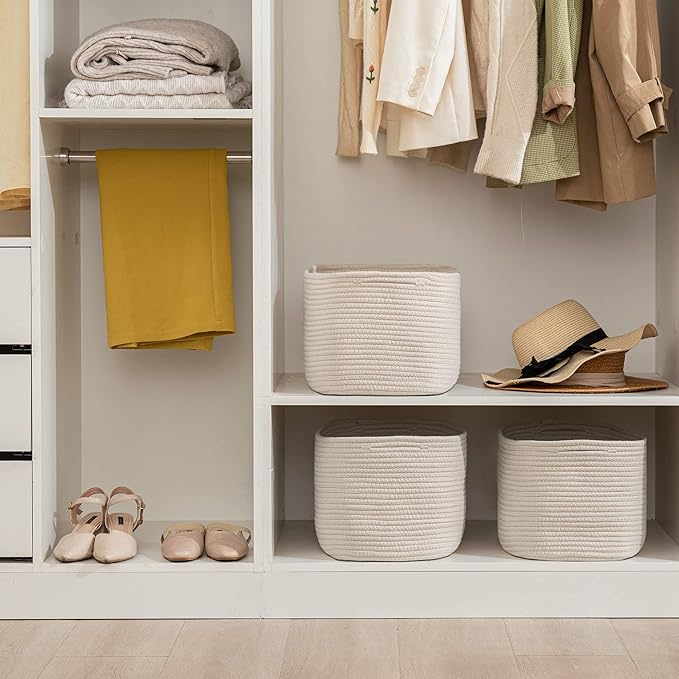 UBBCARE 3-Pack Woven Rope Shelf Baskets - 15x10x9in Decorative Storage Basket for Toys, Kids Playroom, Closet Organization & Cube Storage Organizer | Gift Basket Empty, Beige