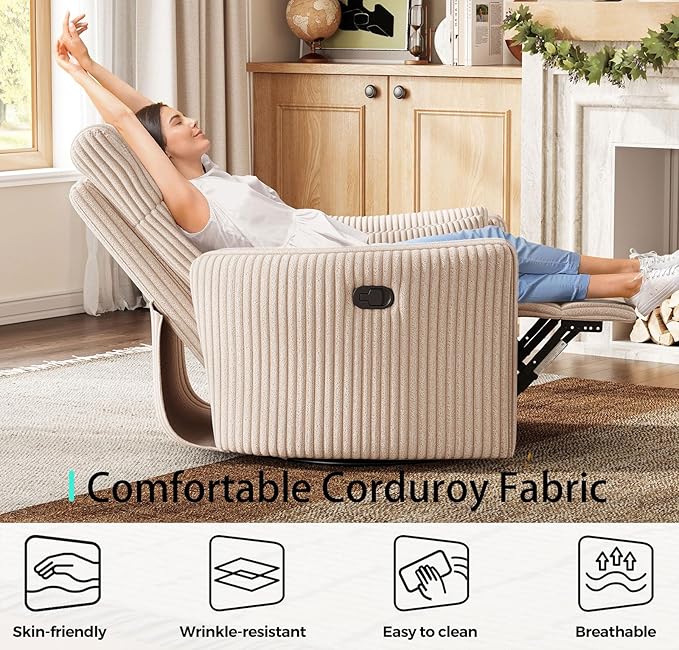 LINSY 360 Swivel Rocker Recliner - Corduroy Nursery Glider Rocking Chair with 2 Pillows, Comfy High Back Adult Recliner for Small Spaces, Nursery Bedroom Living Room Reclining Chairs (Beige)