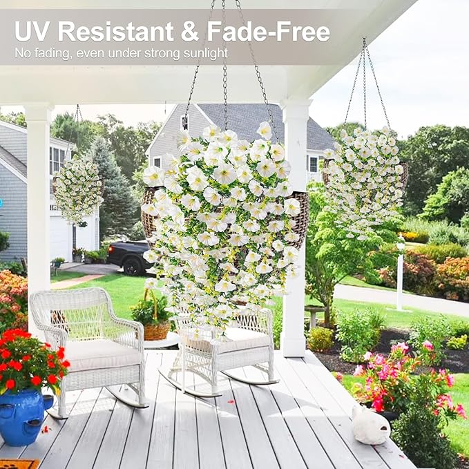 Artificial Flowers for Outdoors Decoration, 4Pcs Fake Hanging Flowers Morning Glory UV & Fading Resistant, Artificial Faux Plants Deocr for Home Porch Patio Balcony Planter Yard Garden Farmhouse
