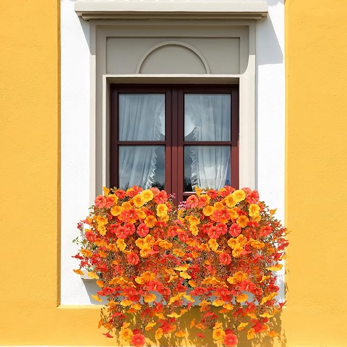 Artificial Flowers for Outdoors, 4 pcs Faux Mums for Outdoor Planters, UV Resistant Fake Flowers Fall Porch Decor, Fake Sunset Mums for Yard Patio Lawn Garden, Silk Flowers Autumn Decor