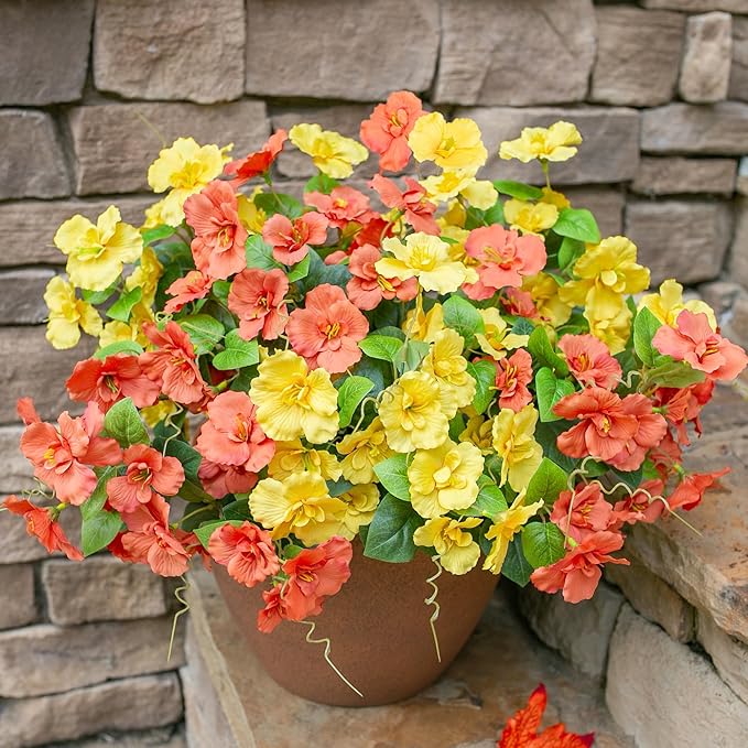 INSPRING Fake Fall Flowers Artificial Mums for Outdoors Autumn Decoration, Faux Silk Flowers Plants Realistic UV Resistant Tropical Flower Artificial for Outside Planter Patio (2MixHC, 6 Bundles)