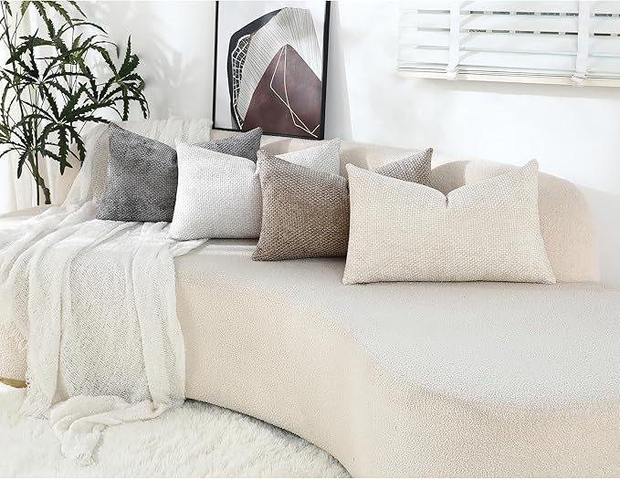 Stellhome Pack of 2 Woven Textured Decorative Throw Pillow Covers Soft Chenille Accent Luxury Cushion Cases for Living Room Couch Bed Sofa Farmhouse Boho Home, 12x20 inch, Cream