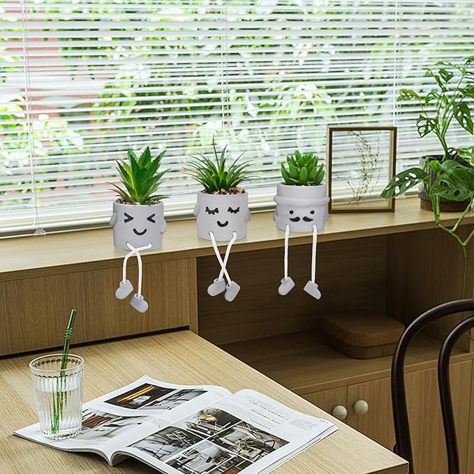 Small Fake Plants Faux Succulents in Grey Pots with Hanging Leg Potted Mini Fake Plants for Office Desk Decor Cute Artificial Succulent Plants for Home Office Desk Decor and Gift Choice - Set of 3