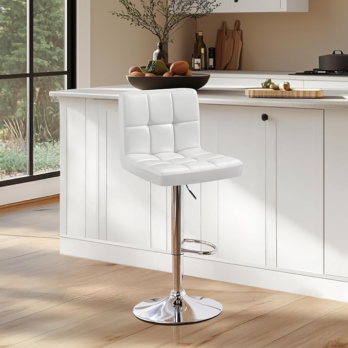 Yaheetech Bar Stools, PU Leather Adjustable Swivel Barstools, Armless Hydraulic Kitchen Counter Bar Stool, Kitchen Island Chairs, White