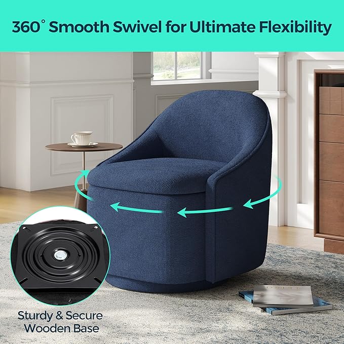 LINSY Swivel Accent Chair with Storage Comfy Chenille Barrel Chairs, Small 360 Swivel Modern Armchair for Living Room Bedroom, Boucle Reading Chair for Study Room (Blue)